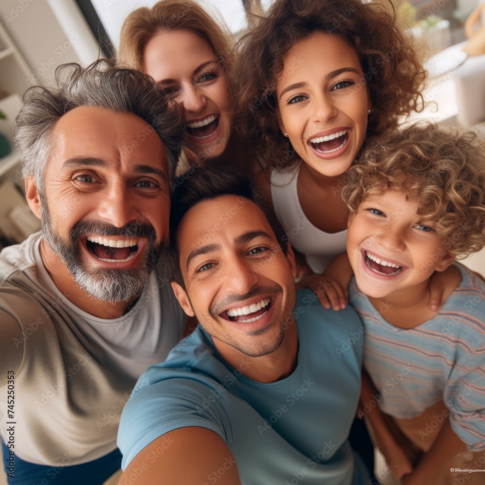 Stock image of a family taking a group selfie or a photo together, smiles and memories Generative AI Stock image of a family taking a group selfie or a photo together, smiles and memories Generative AI