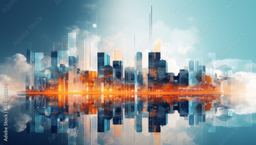 Abstract future city skyline in blue and orange colors ,cityscape with sky reflection in the water, horizontal background 