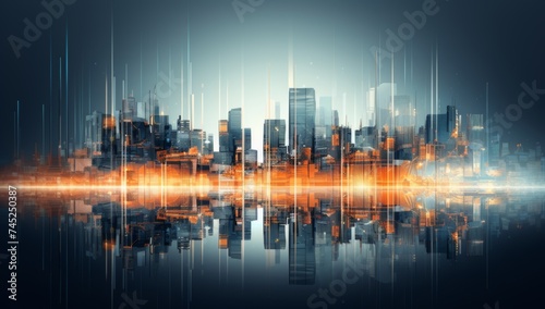 Abstract future city skyline in blue and orange colors ,cityscape with sky reflection in the water, horizontal background  © XC Stock