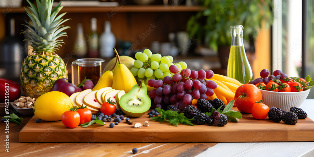 A Bounty of Fresh and Vibrant Fruits Arranged on a Kitchen Table: Celebrating World Vegetarian Day with a Colorful Spread