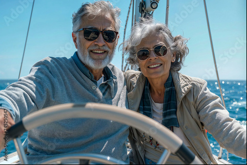 attractive elderly old retired couple on their yacht