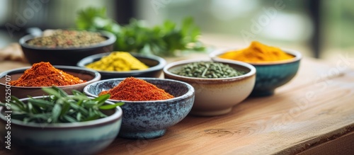 A wooden table is covered with bowls filled with an assortment of vibrant spices. Each bowl holds different types of spices, adding a colorful and aromatic touch to the tabletop. photo