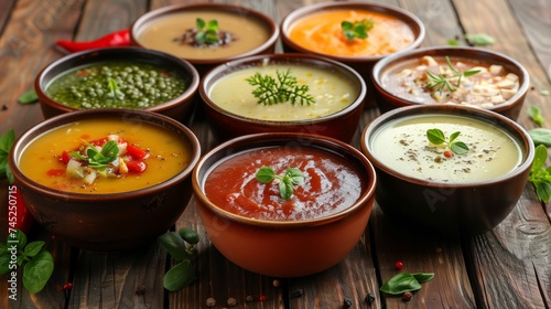 Various soups in bowls on table with different ingredients and herbs