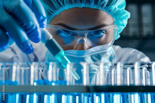Conducting an experiment with test tubes in a modern laboratory, a focused scientist exemplifies the precision of biomedical research.