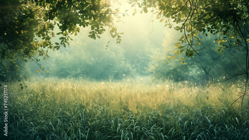 A close-up view of dew-covered grass and assorted leaves framing the image, with a backdrop of a meadow bathed in the golden light of sunrise.
