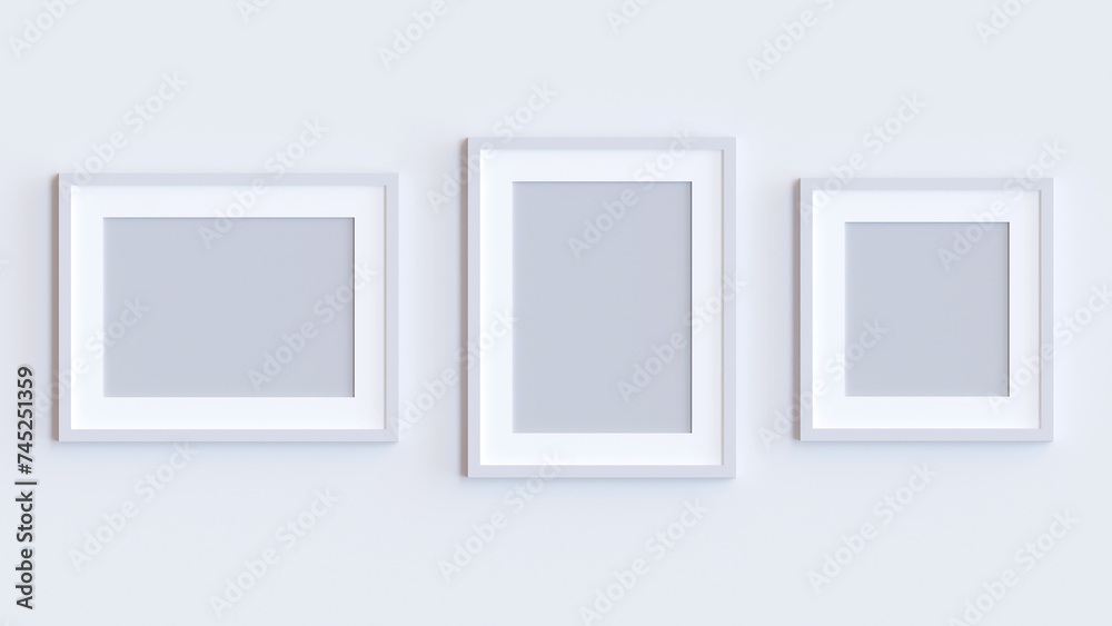 White photo frames mockup. Set collection on white wall, interior decoration. Realistic frame set on the wall. White photo frames mockup. Set collection on white wall, interior decoration. Realistic frame set on the wall.