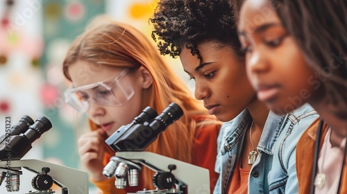 Three diverse women scientists working in their laboratory