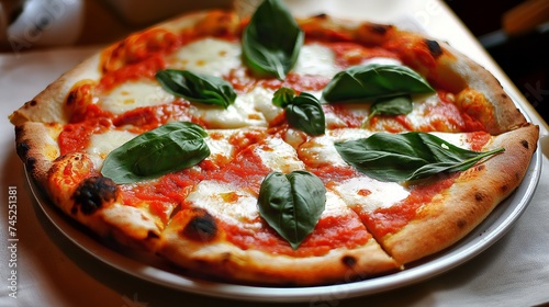 Pizza with cheese and basil, a classic Italian dish on a table