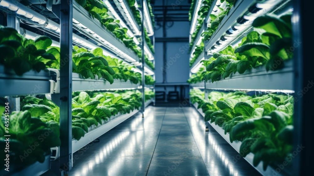 Vertical Farming Rack with Green Plants Growing in a Hydroponics System. 
