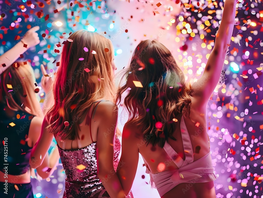 Obraz premium Beautiful young women celebrating having fun at a party. Rear view of crowd of people.