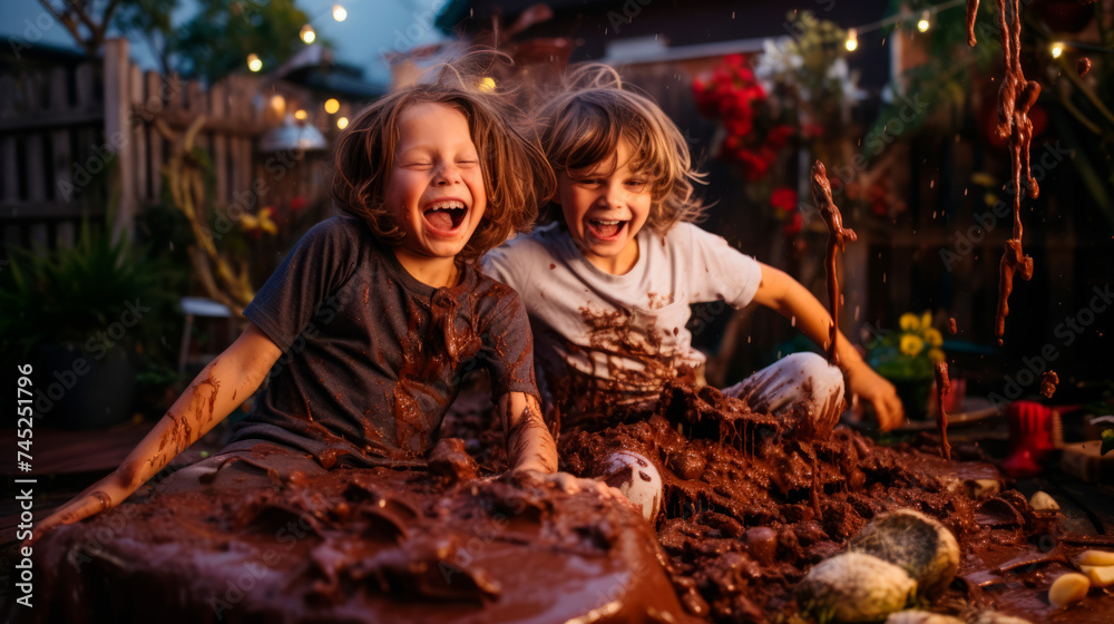 Joy resonates as two children play with mud in their backyard, their laughter filling the air amidst a festive atmosphere, capturing the essence of carefree childhood.