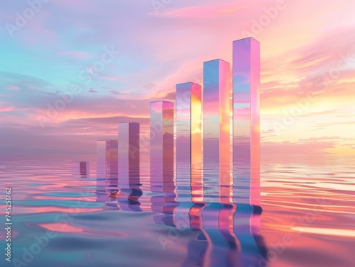 Digital Render of Glass Bar Graph on Reflective Surface Against a Sunset Sky