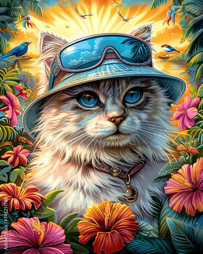 a bright painting of a cat surrounded by tropical plants and flowers. Cat in sunglasses. Illustration for posters, books, banners, appliques on T-shirts and clothes