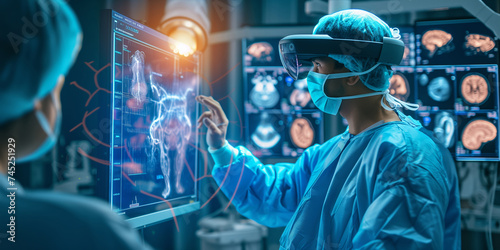 A doctor wearing a VR headset interacts with futuristic digital displays, possibly for surgery planning or medical training.