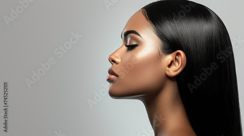 dark skin Young woman with beautiful black hair after keratin treatments. Hair care concept, grey background