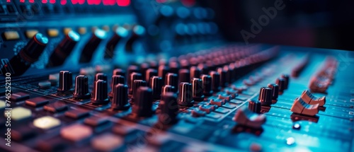Close-up of an audio mixing console with faders and knobs in a recording studio, featuring vibrant blue and red hues, suitable for music events or DJ themes.