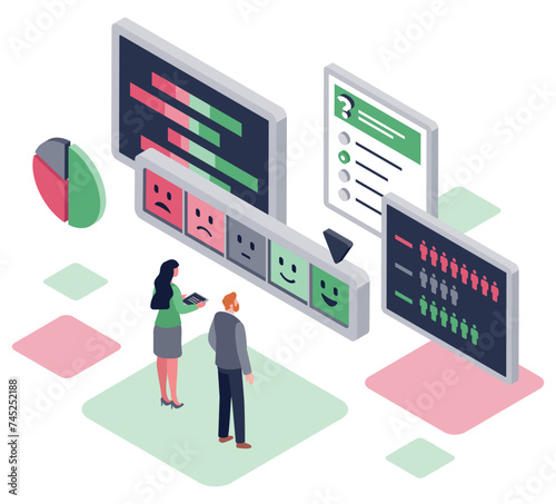 3D Isometric Flat Vector Conceptual Illustration of Customer Satisfaction Surveys, Client Rating and Feedback analysis