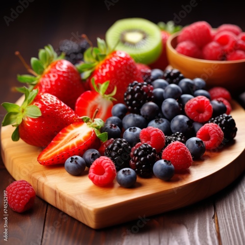 Stock image of fresh colorful berries and fruit slices on a wooden cutting board  healthy and vibrant Generative AI