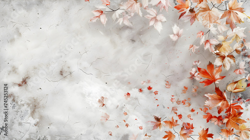 beautiful fall leaves blowing around, craft paper, watercolor, white distressed wallpaper background
