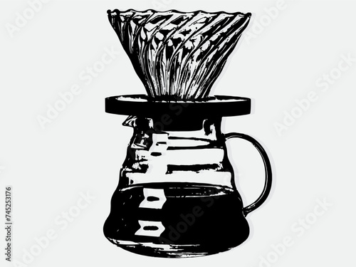 Black and white illustration sketch of Pour over brewer hand drawing vector isolated on white background.