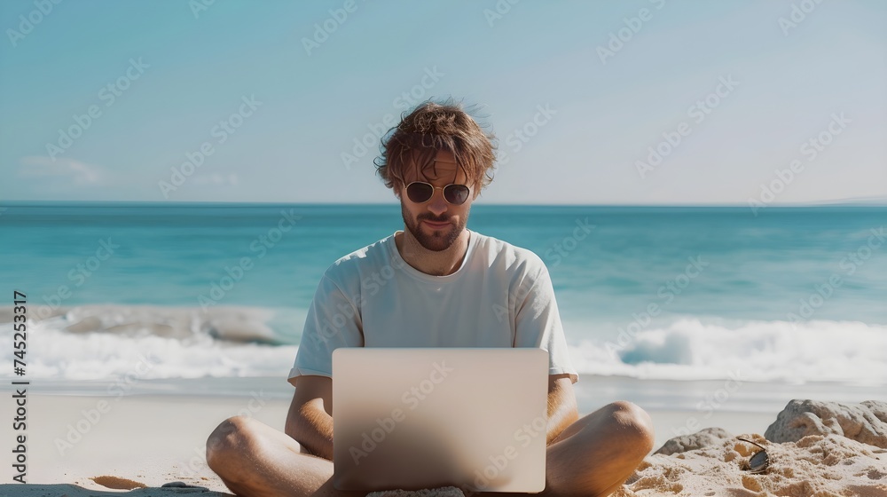 Remote work concept image with a man working from the beach on his laptop computer