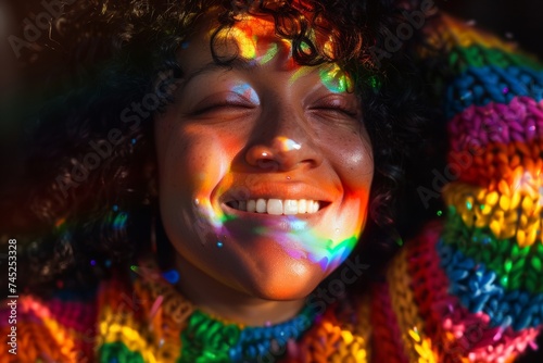 Joyful Nonbinary Individual with Rainbow Patterns on Face Wearing a Colorful Sweater