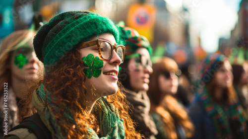 A redhead woman with shamrock glasses and a green hat is immersed in a St. Patrick's Day parade.