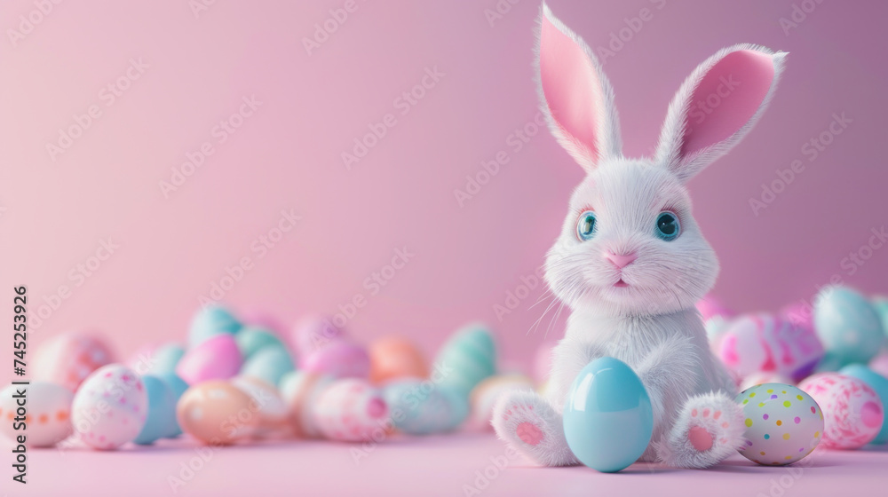 3d illustration with a blue eyed white easter bunny in front of pink background and small easter eggs, copyspace 3d illustration with a blue eyed white easter bunny in front of pink background and small easter eggs, copyspace