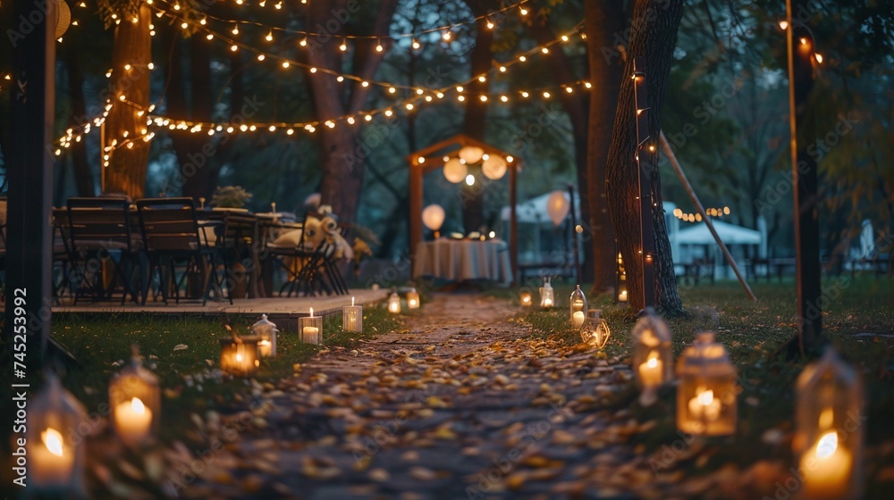 outdoor string lights illuminate the wedding ceremony evening, creating a magical ambiance with candles and lamps for a romantic and joyous event
