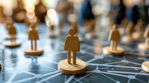 Wooden figures on a network grid, symbolizing social connections, networking, community, and human resources.