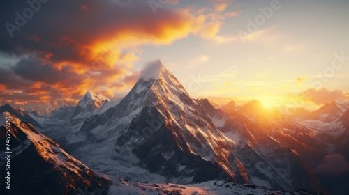 Generative AI The tranquility of a mountain sunrise, casting warm hues over jagged peaks and creating a stunning vista. © vadosloginov