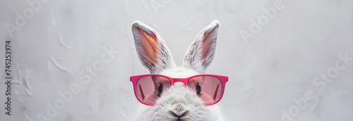 white clear background with sweet bunny's ears peeking from egde wearing pink sunglasses, in the style of digital minimalism ,beautiful and sweet, trendy minimalism photography. Banner. copy space. photo