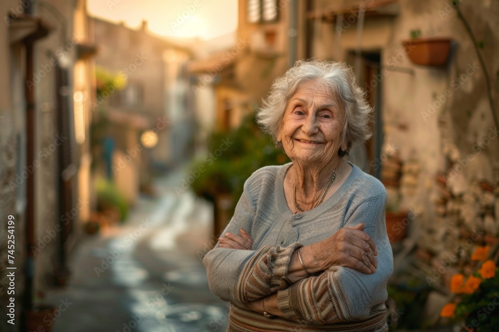 Smiling Elderly Woman with Crossed Arms in a Quaint Village Setting