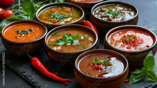 Various soups in bowls made with different ingredients and recipes