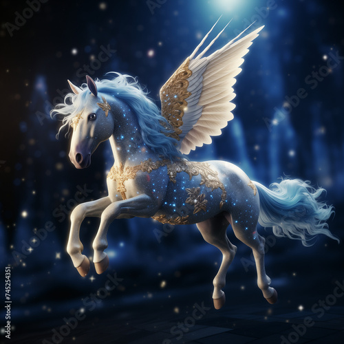 A majestic horse with wings and a flowing mane, exuding power and grace as it gallops. Unicorn in night, dark blue background  photo