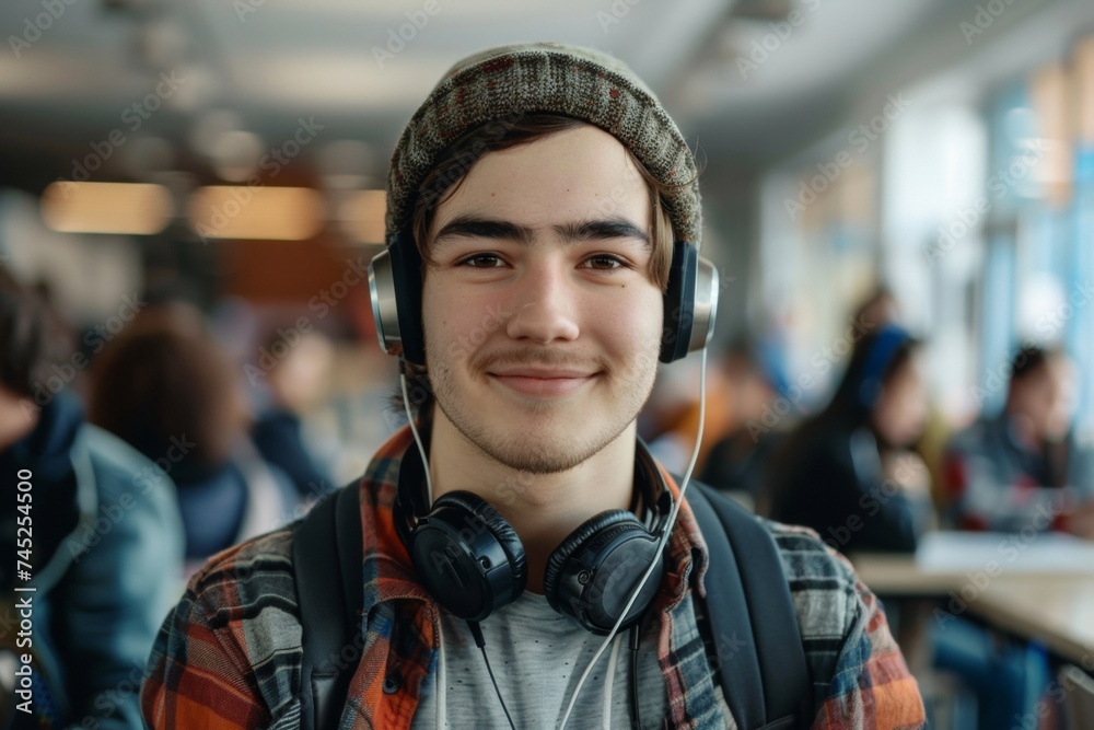 Smiling Young Male Student with Headphones and Beanie in Classroom Setting Smiling Young Male Student with Headphones and Beanie in Classroom Setting
