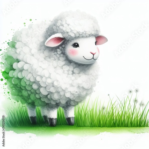 Cute baby lamb in watercolor style – Little sheep on green grass © AlbertBS