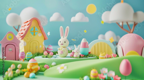 illustration of a cute pastel colored easter land with easter bunny and a small house © Claudia Nass
