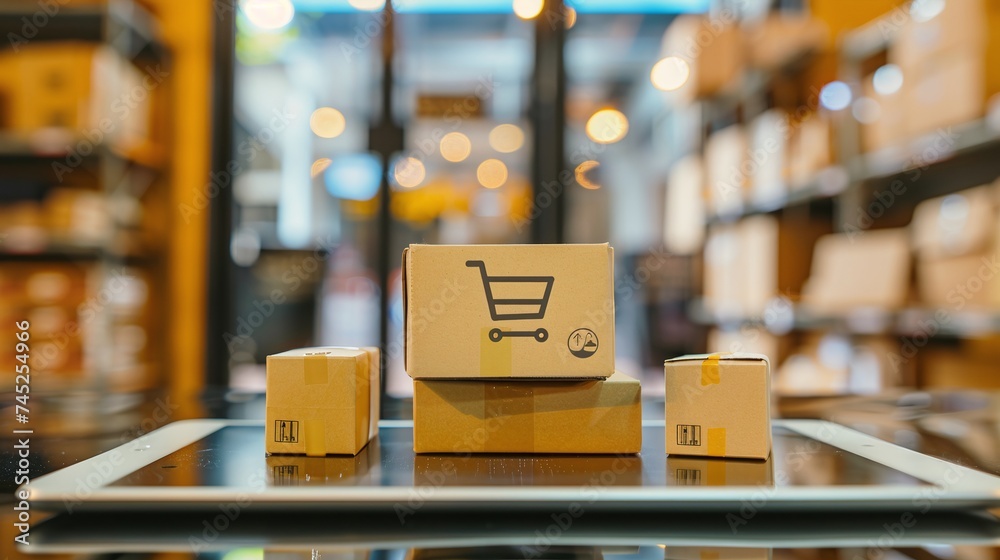 small business aspiring entrepreneur working in home office using tablet for online marketing, packaging box delivery concept small business aspiring entrepreneur working in home office using tablet for online marketing, packaging box delivery concept