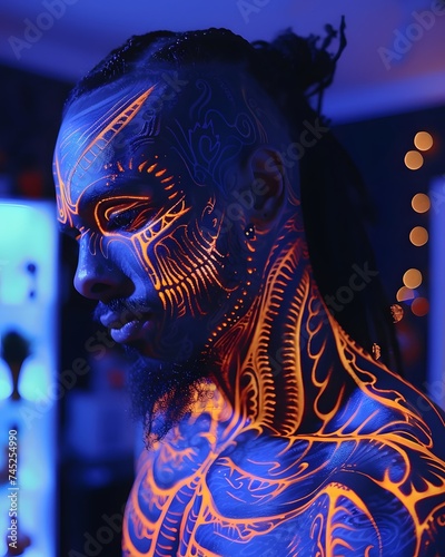 Man with glowing orange neon tattoos