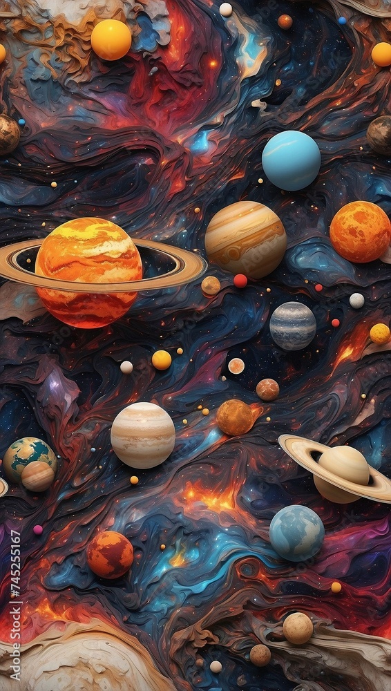 The Solar system, high quality, 8K Ultra HD, vivid colors, seamless patterns, fabric art, art station, starry night, many colorful and detailed designs combining magic and fantasy, splashes, aesthetic