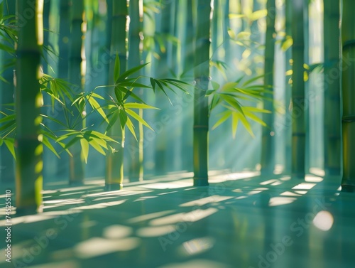 Minimalist bamboo forest  morning light filtering through  casting long shadows  evoking tranquility