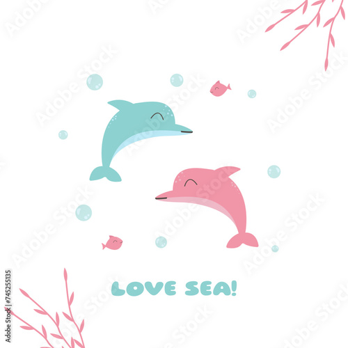 Two dolphins in love in kawaii style. Illustration of marine mammals, fish, algae, bulbs. I love the sea, fauna, and the underwater world. Vector eps 10.
