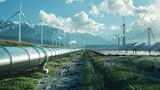 futuristic vision of green hydrogen production highlighting a pipeline infrastructure supported by wind turbines and solar panels in a sustainable energy ecosystem