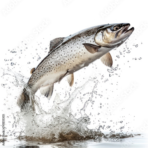 Trout jumping from water isolated on white with water splash