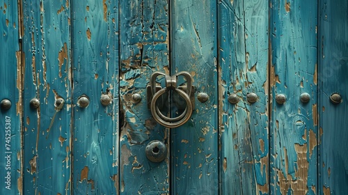 background featuring a vintage blue painted door with an elegant knocker