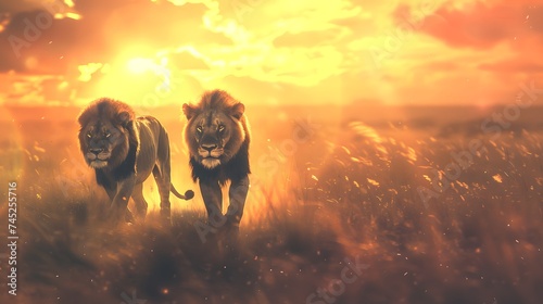 Two lions in the sunset