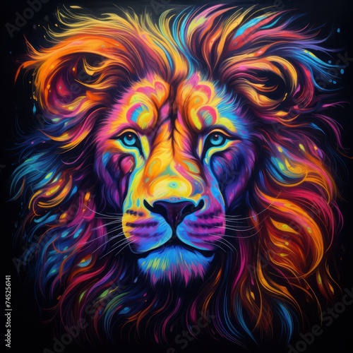 Blacklight painting-style lion  lion pop art illustration