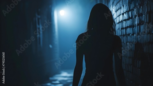 Silhouette of a young woman walking home alone at night , scared of stalker and being assault , insecurity concept photo