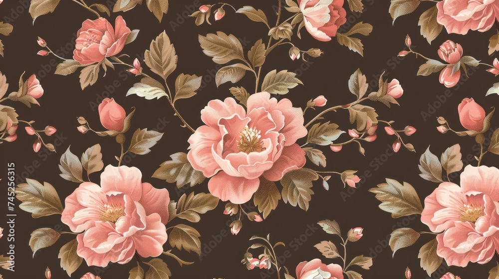 vintage wallpaper featuring a seamless pattern of pink flowers - obrazy, fototapety, plakaty 